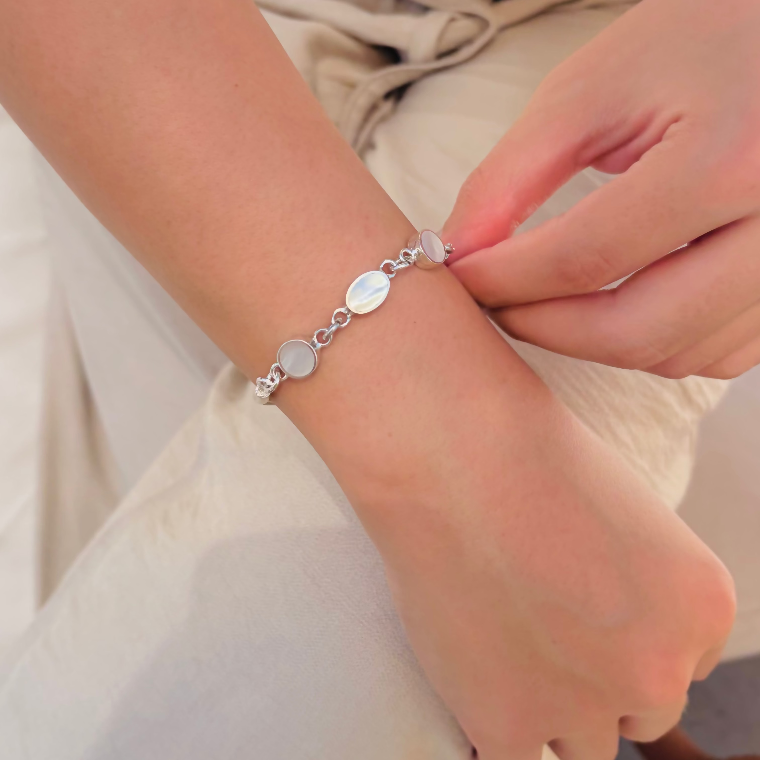 White Oval Silver Bracelet